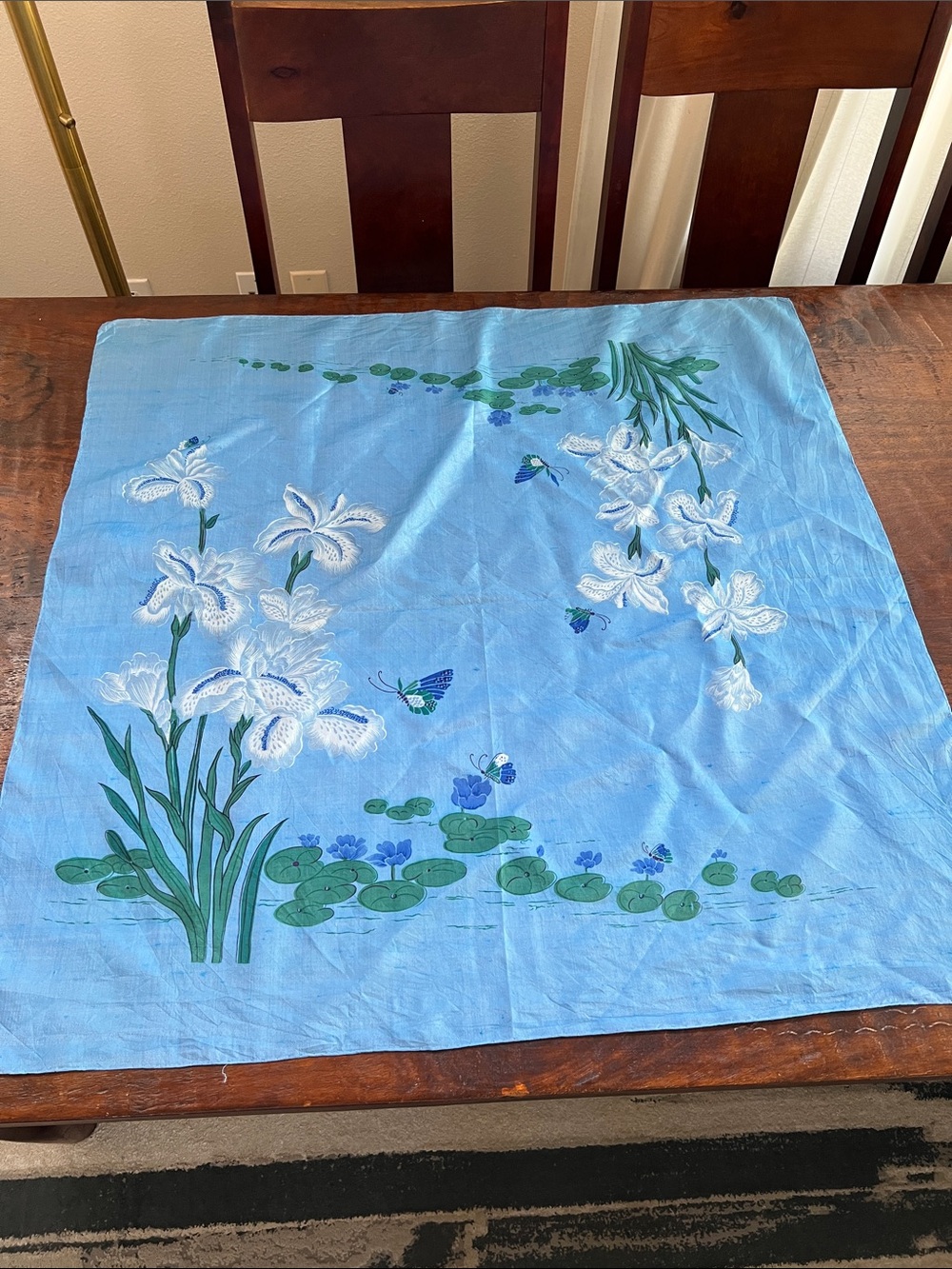 Vintage THAI SILKS Scarf Handkerchief Blue Printed Floral Water Lilies 35" x 35"